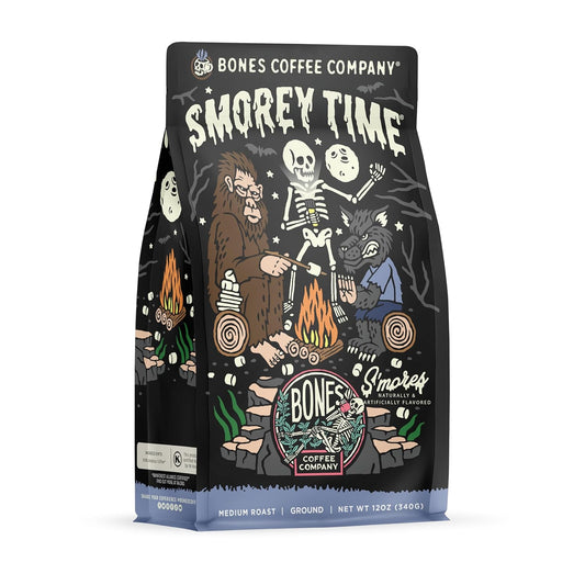 Bones Coffee Company S'morey Time, S'mores and Graham Crackers Flavored Coffee, Medium Roast Low Acid Arabica Beans