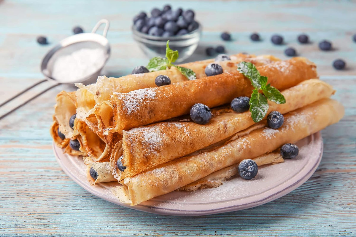 Gluten Free Rolled Hotcakes Crepe Mix by American Table, Made with American-Grown Ingredients &amp; Pure Vanilla, French-Style, Non-GMO, Low Sugar, No Preservatives, Makes 24 Crepes (14 oz, Pack of 1)