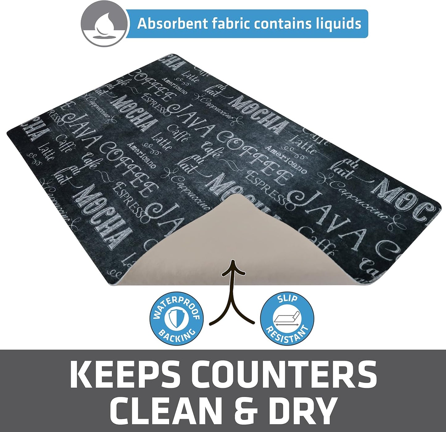 Drymate Coffee Maker Mat, (Coffee Station Bar Accessory) Protects Kitchen Countertops From Spills, Stains &amp; Scratches, Absorbent, Waterproof, Washable (USA Made) (12” x 20”) (Java Chalkboard)