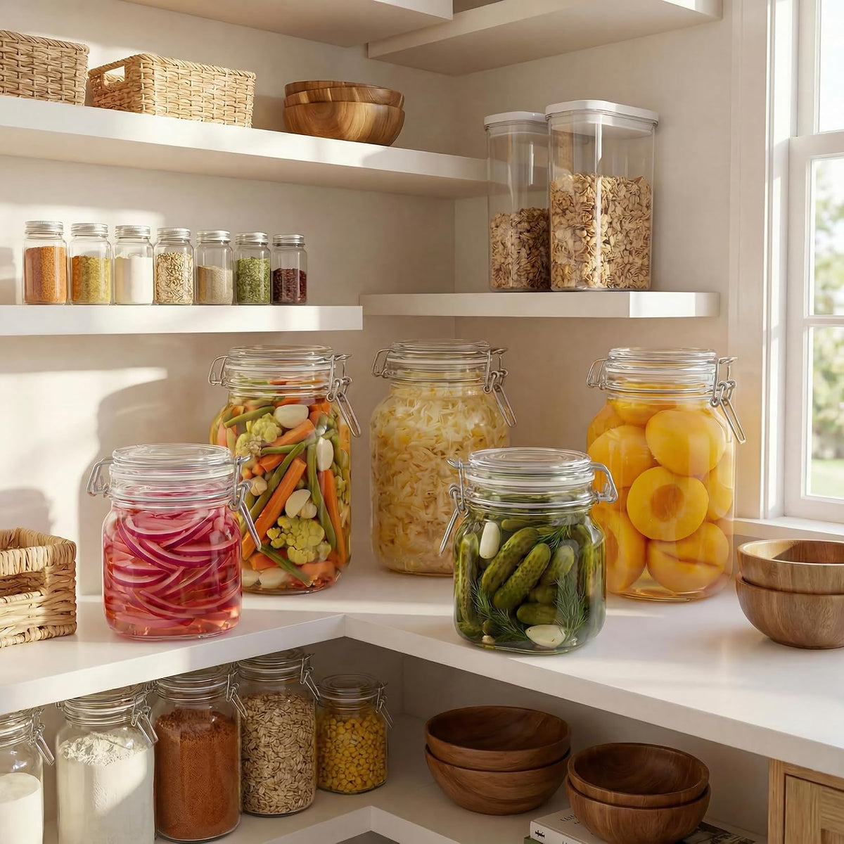 Square Glass Jars with Airtight Lid Set of 3, 50 floz Wide Mouth Mason Jars with Clamp Lids,Glass Sealed Jars with Air Tight Lids, Best for Kitchen & Pantry Food Storage