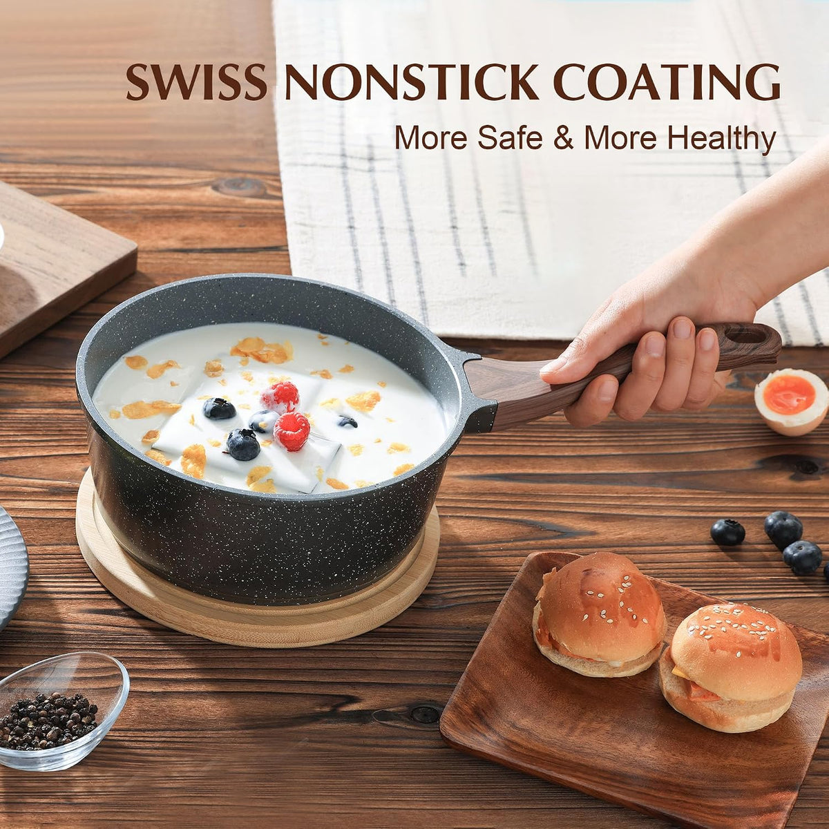 SENSARTE Nonstick Saucepan with Lid, 2.0 Quarts Small Pot with Swiss Granite Coating, Stay-cool Handle, Handy Sauce Pot Small Kitchen Cooking Pot, Induction Comptable, Free of Intentionally Added PFOA
