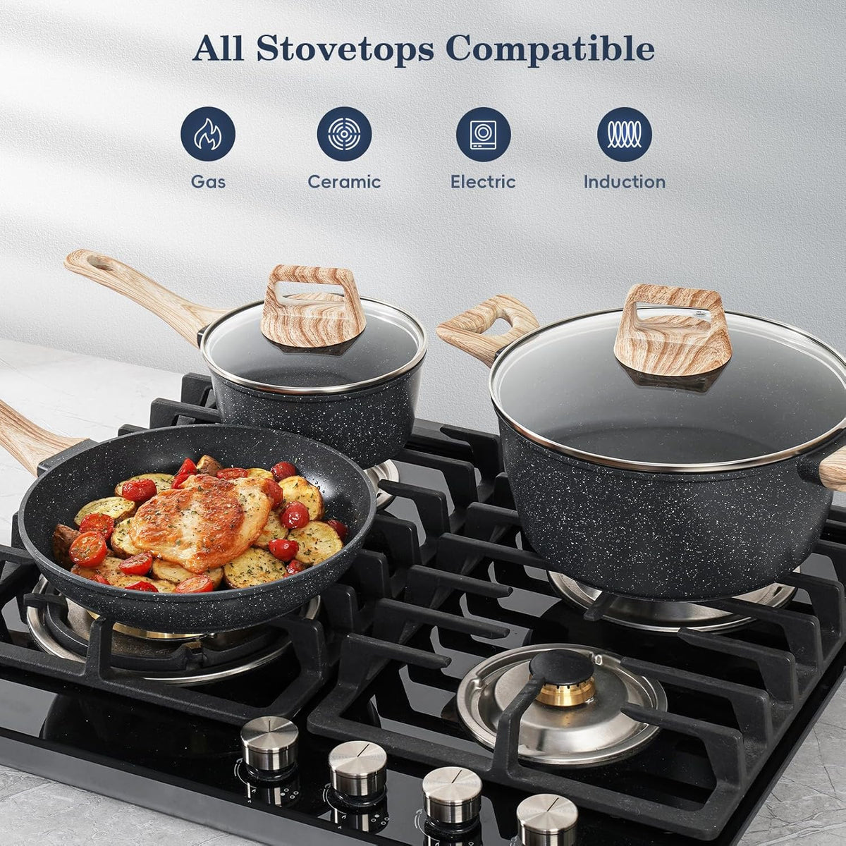 12 Pcs Pots and Pans Set Non stick, Cookware Sets Black Granite Induction Cookware, Non-toxic Healthy Nonstick Kitchen Cooking Set with Frying Pans Set, Saucepans (PFAS/PFOA/PFOS Free)