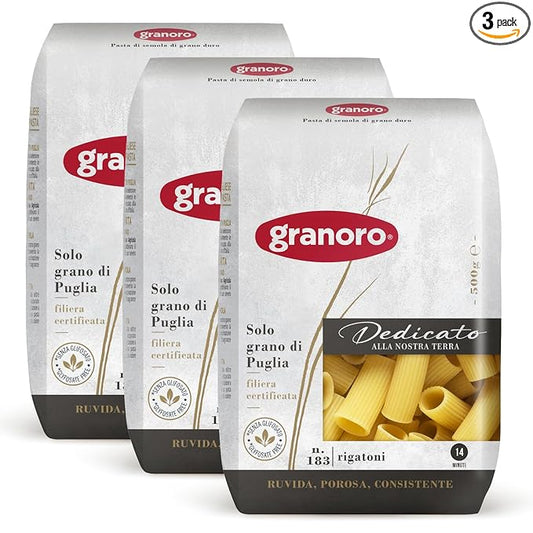 Granoro Dedicato Rigatoni #183 - Ridged Tube Pasta, 100% Apulian Durum-Wheat, Bronze-Drawn, Non-GMO, Vegan, 1 lb Bags (Pack