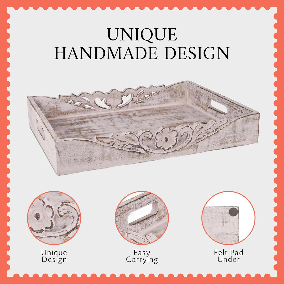 Mela Artisans Orchid Mango Wood Serving Tray - Distressed White, 16x12 in | Ottoman serving tray layout with handles, large handcrafted wooden board excellent for hot coffee, snacks and home décor.