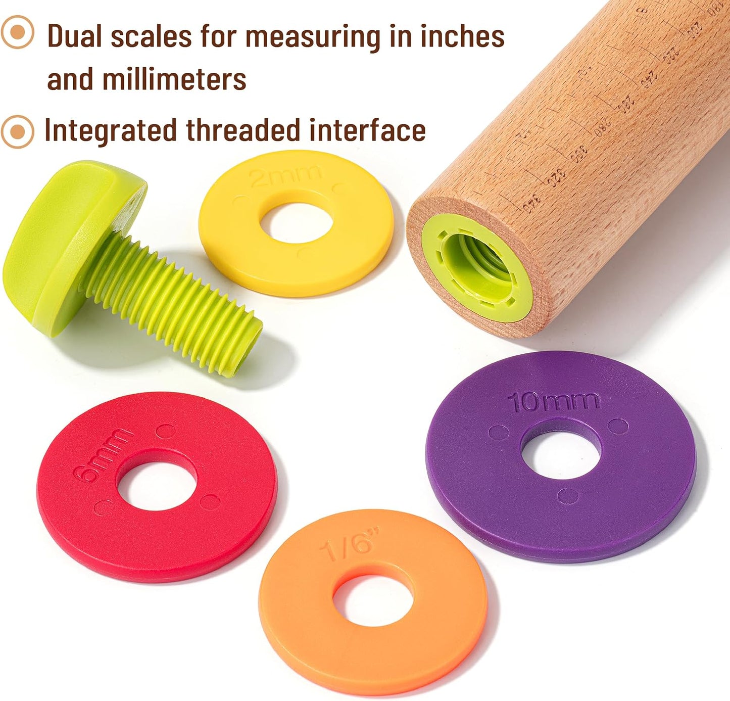 Adjustable Rolling Pin with Thickness Rings, 13.8", 4 Rings