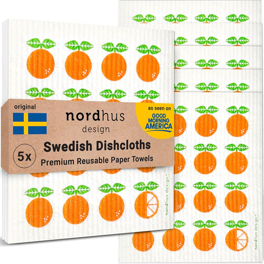 Nordhus Design Swedish Dishcloths, 5 Pack Oranges, Made in Sweden - Reusable, Washable Cellulose Cotton Kitchen Cloths -