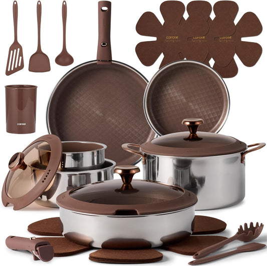 CAROTE 22pcs Hybrid Nonstick Pots and Pans Set, Stainless Steel Cookware Set with Honeycomb Titanium Interior, Induction