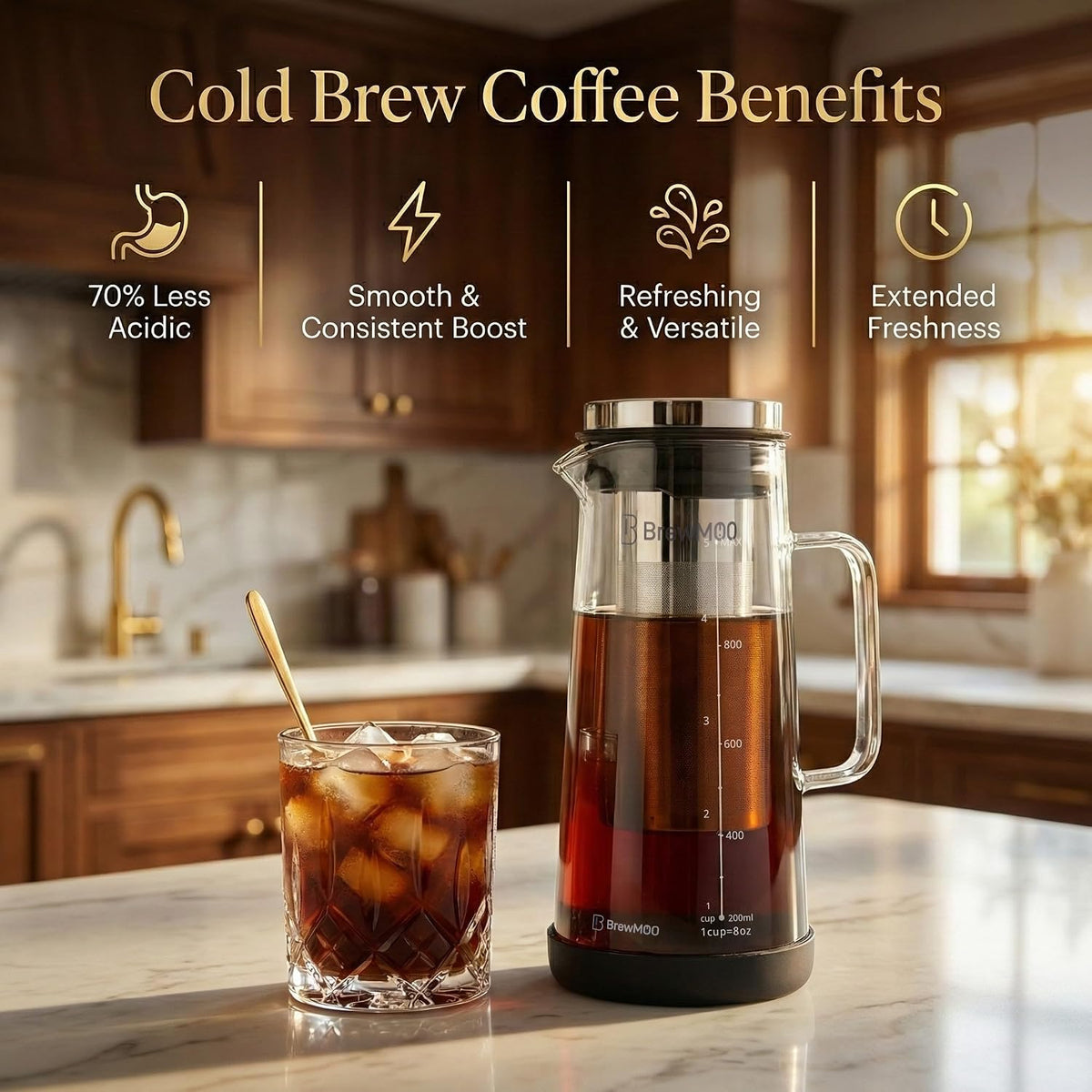 BrewMOO- Airtight Cold Brew Coffee Maker Pitcher, 1.0L/34Oz Thick Glass Carafe with Filter, Comfort Sturdy Handle &amp; Wide Spout, Non-Slip Base | Iced Tea Maker (Black)