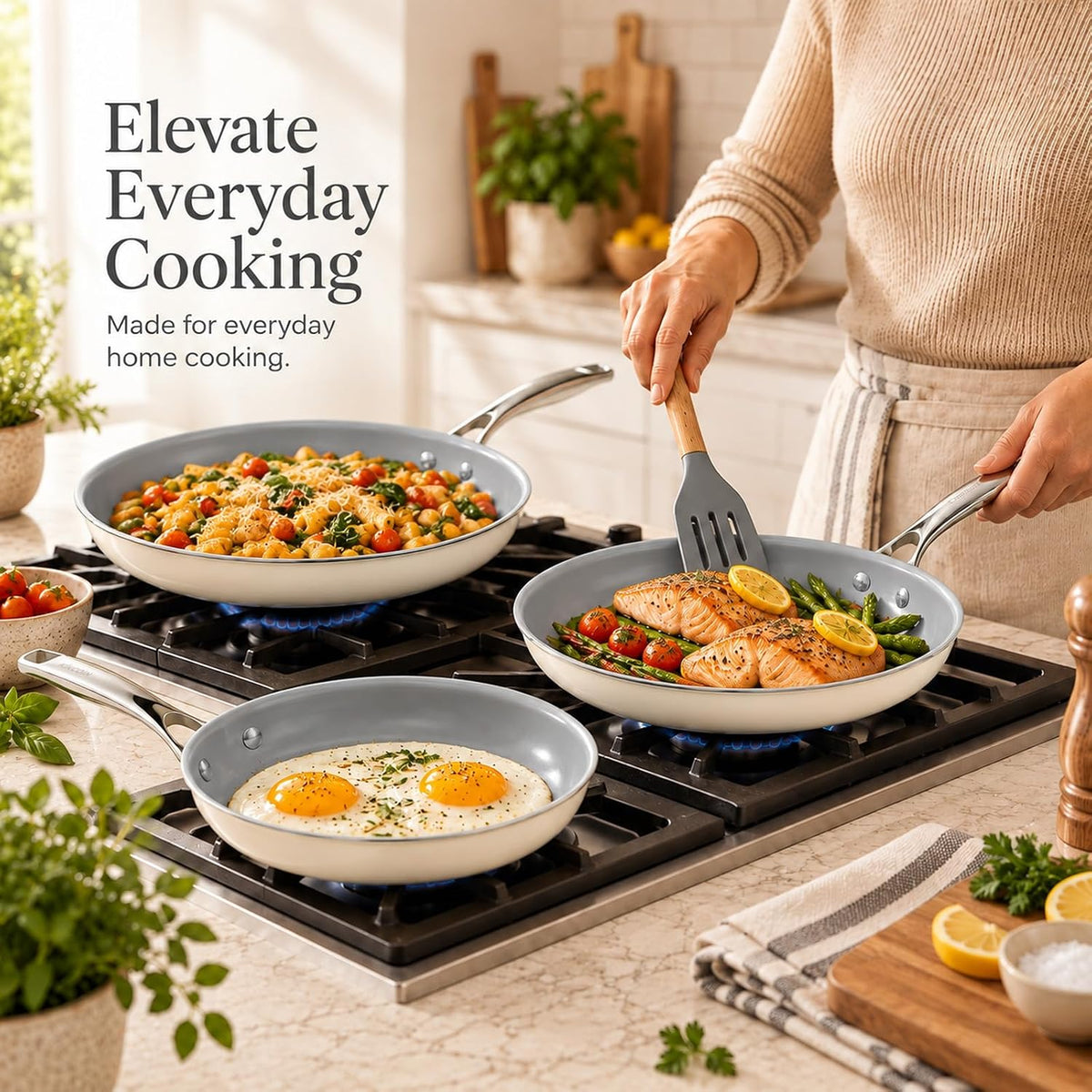 Kikcoin Ceramic Nonstick Frying Pan Skillets - 3 Sizes Omelette Pans for Healthly Cooking, 8+9.5+11 Inch Egg Pan with Stay Cool Handle, Free of PFAS PFOA PTEE, Oven/Dishwasher Safe for Busy Kitchen