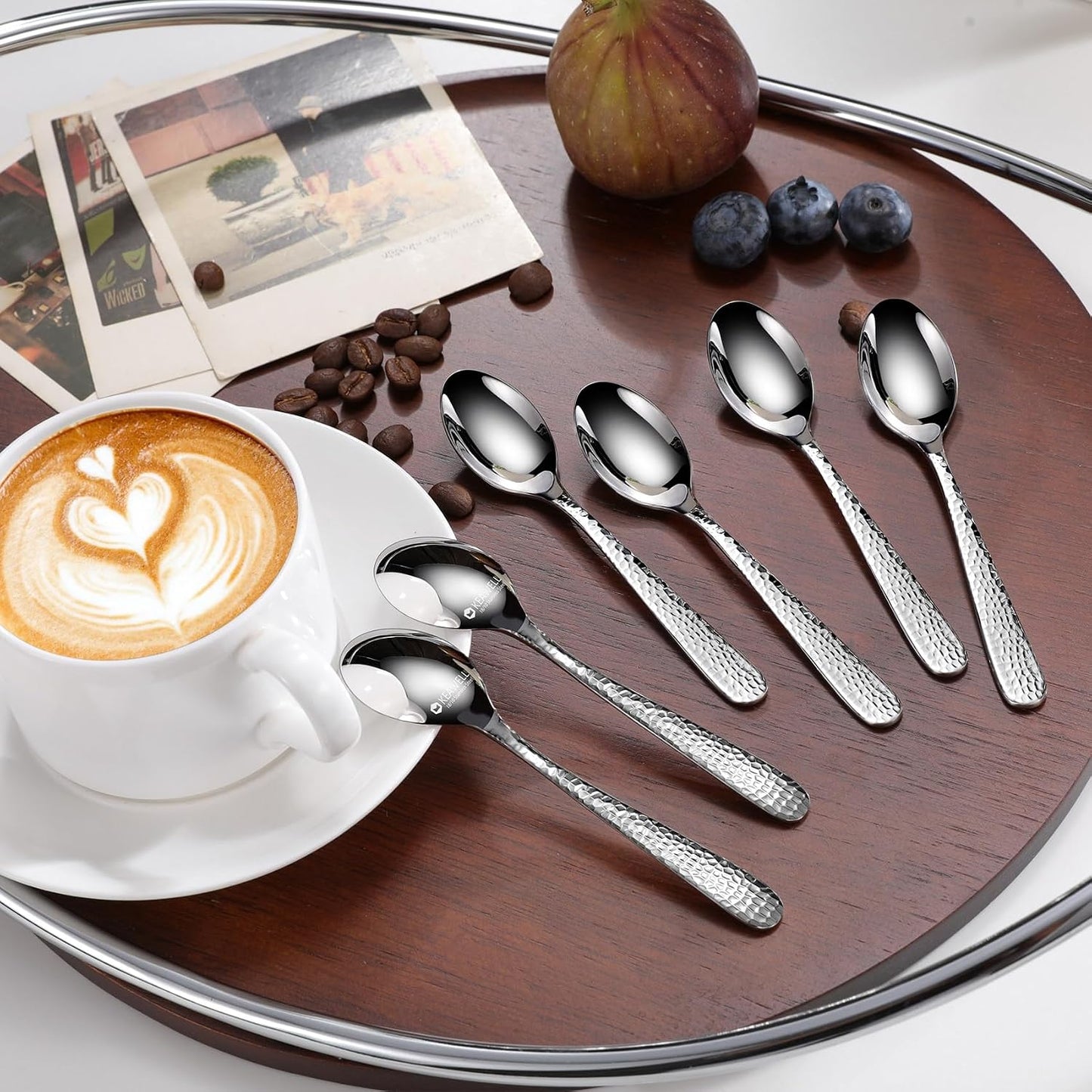 KEAWELL Premium Louise Hammered 6-Pc 4.4-Inch Coffee Spoons (6, 4.4 inches) | 18/10 Stainless Steel Demitasse Espresso Spoons; Hammered Design; Mini Coffee Spoons; Bright Mirror Polish; Dishwasher Safe