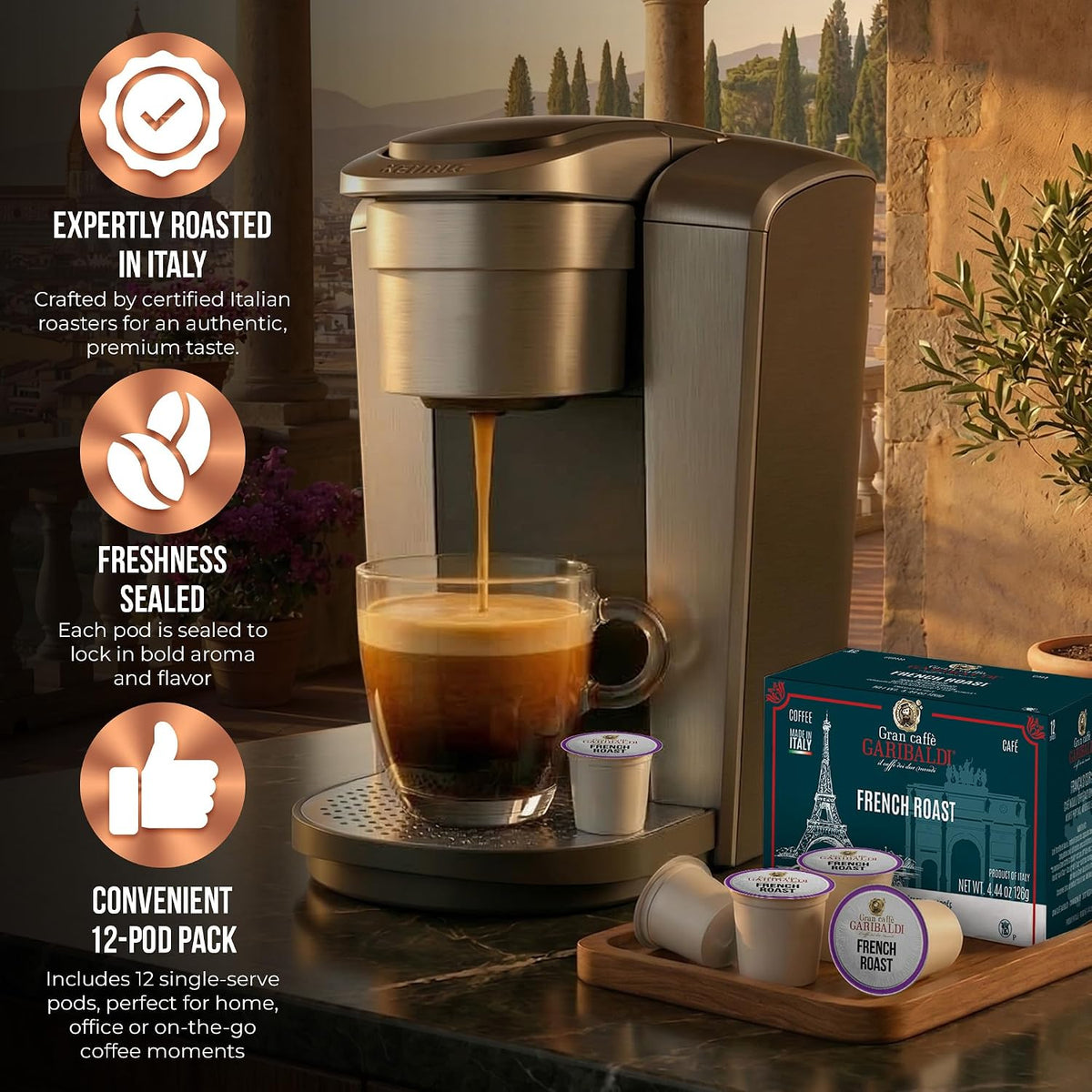 Caffè Garibaldi French Roast Coffee Pods, Dark Roast, 12 Count K Cups | 100% Arabica Dark Roast Coffee Pods Compatible With Keurig K-Cup Brewers, Recyclable Single-Serve Capsules, 12 Count Pack