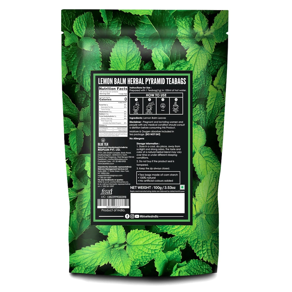 BLUE TEA - Lemon Balm Tea - 100 Count - Plant Based Tea Bag