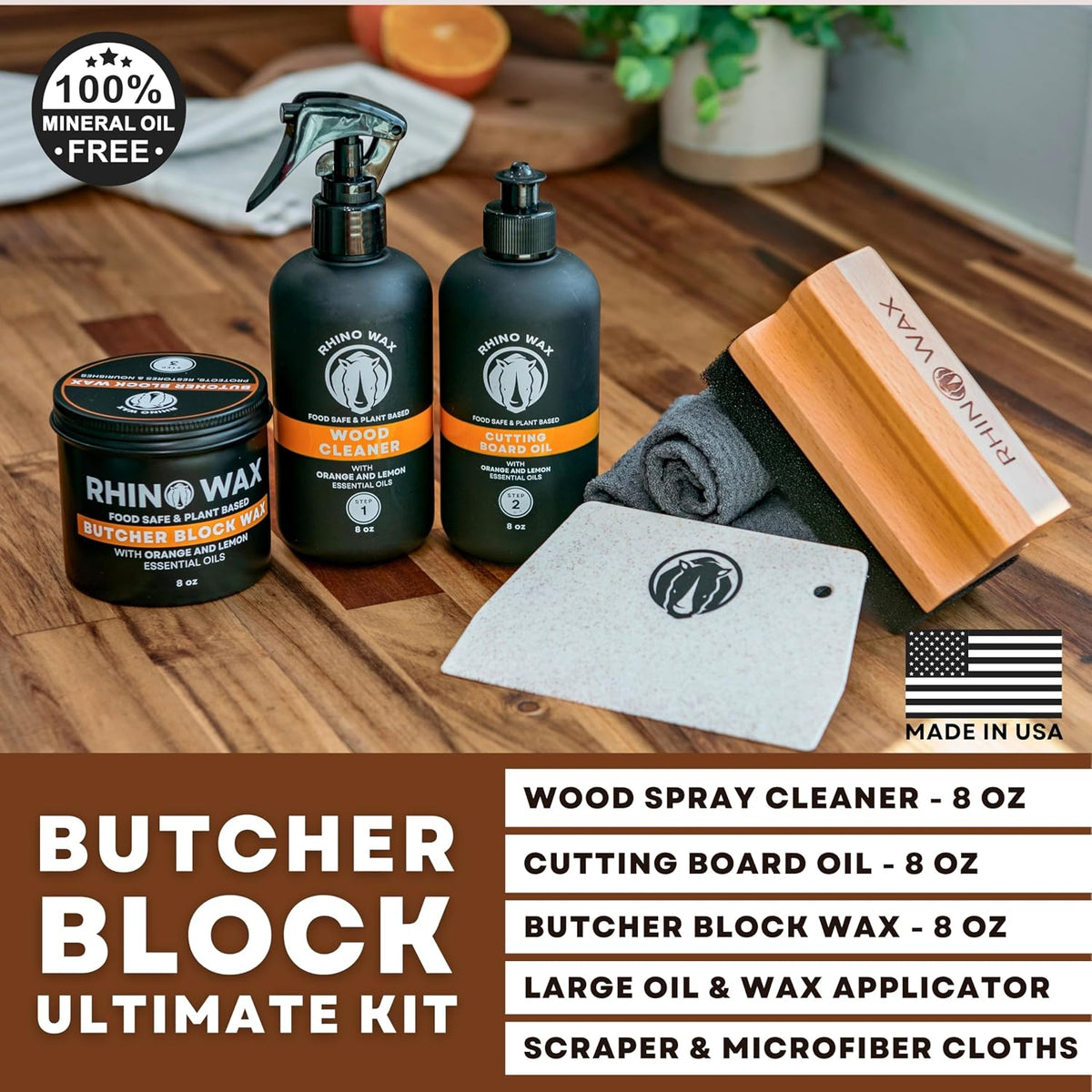Rhino Wax Butcher Block Ultimate Kit with Cleaner