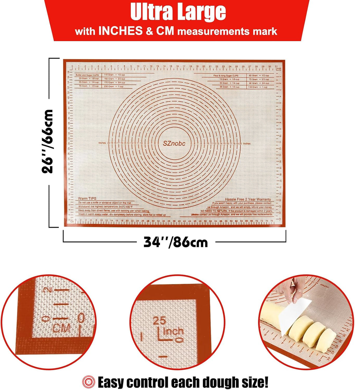 Silicone Pastry Mat 36X24 inch Baking Mat for Rolling Dough | Great Performance Kitchen Counter Mat, Perfect for Dough, Pastry, Pie Crust, Fondant, Bread, Pasta/Pizza,Pastry Board