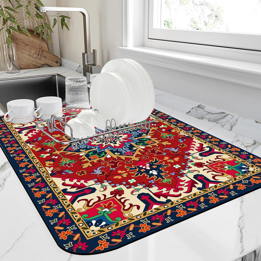 Dish Drying Mat Bohemia Tribal Carpet Texture Kitchen Mat 12"x19" Bsorbent Coffee Maker Mat for Dishes,Utensils Coffee Maker