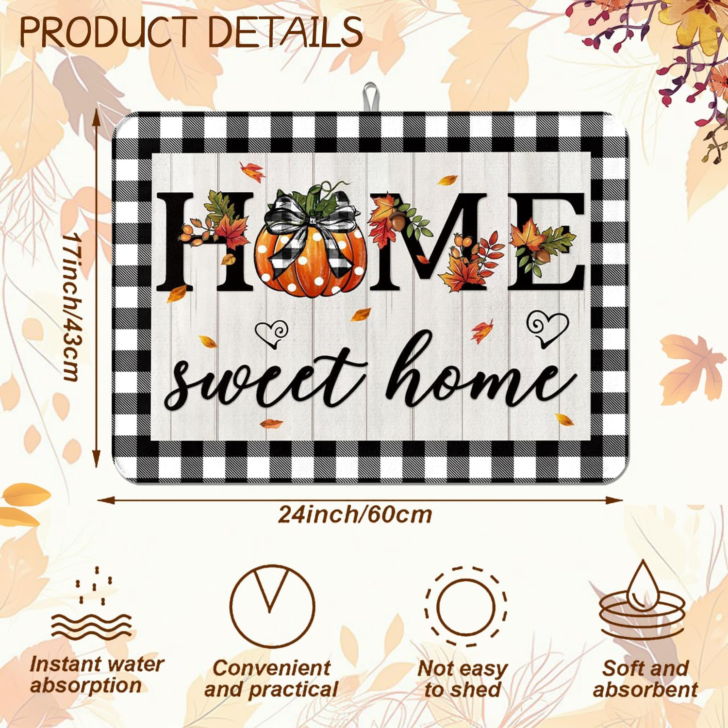 Autumn Fall Drying Mat Kitchen Countertop Pumpkin Black And White Check sweet Home 18 X 24 Inch Kitchen Coffee Bar