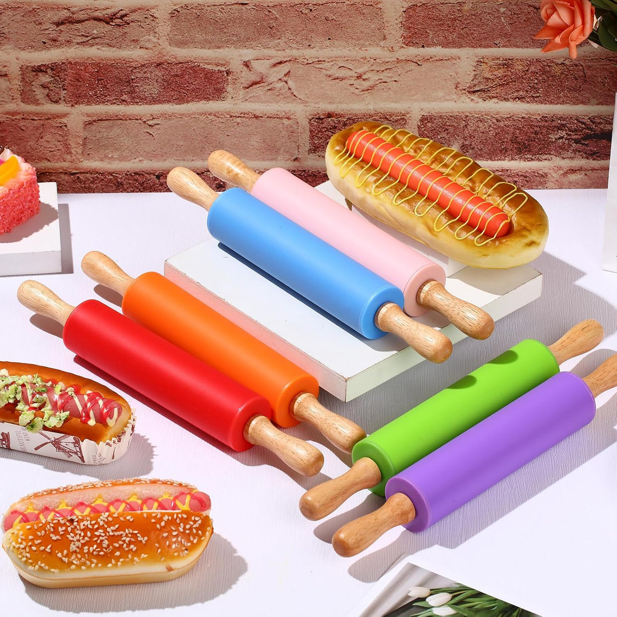 12 Pcs Small Rolling Pin Kids 12 Inch, Mini Silicone Rolling Pin | Non Stick, Kids Dough Roller with Wooden Handle for Baking, Kitchen, Cookie Pastry, Fondant Cake, 6 Colors