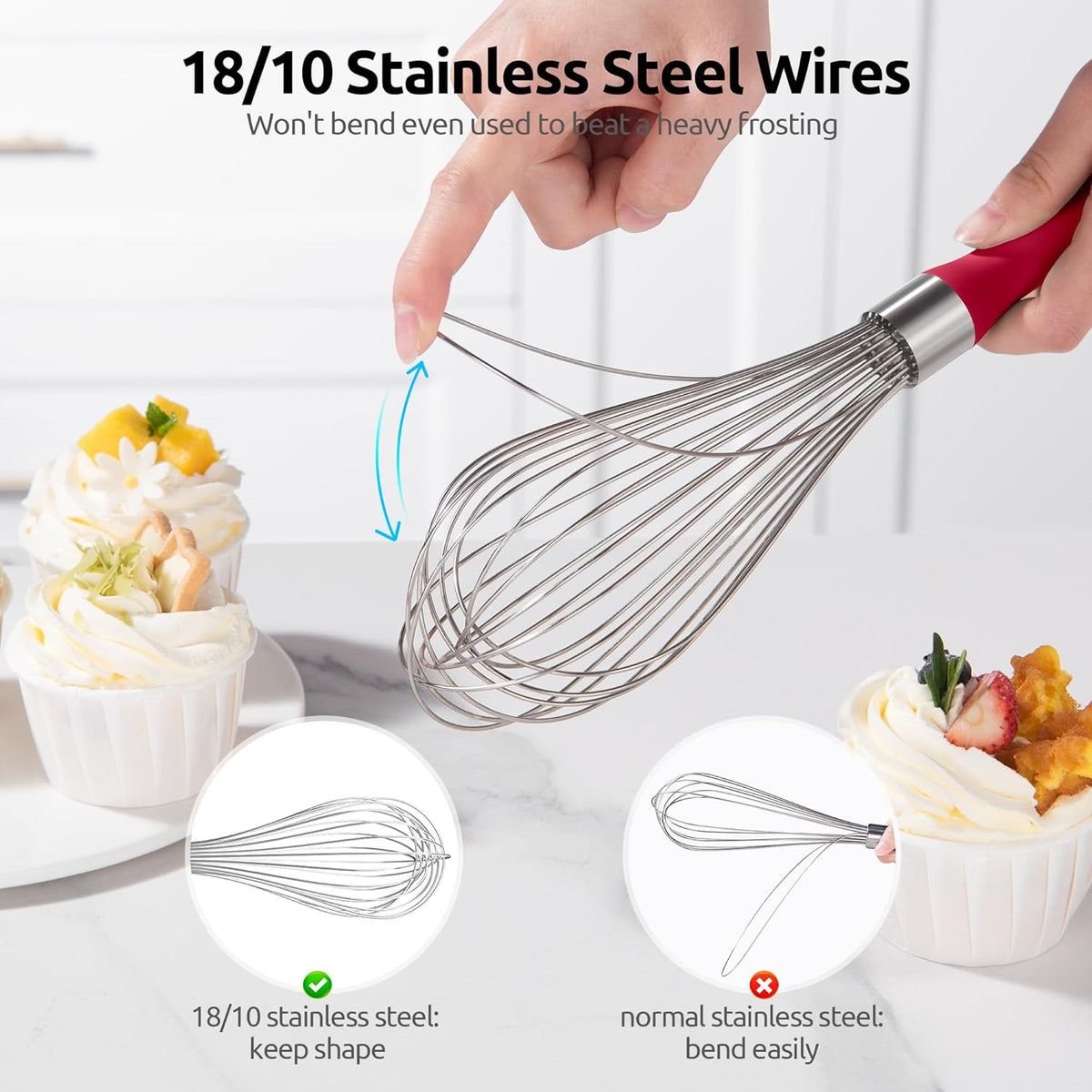U-Taste Balloon Whisk for Cooking: 18/10 Stainless Steel Kitchen Wire Whisk, 12in Large Heavy Duty Egg Beater, Manual Mixing Tool with 12 High Flex Wires for Stirring, Blending Sauce (Red)