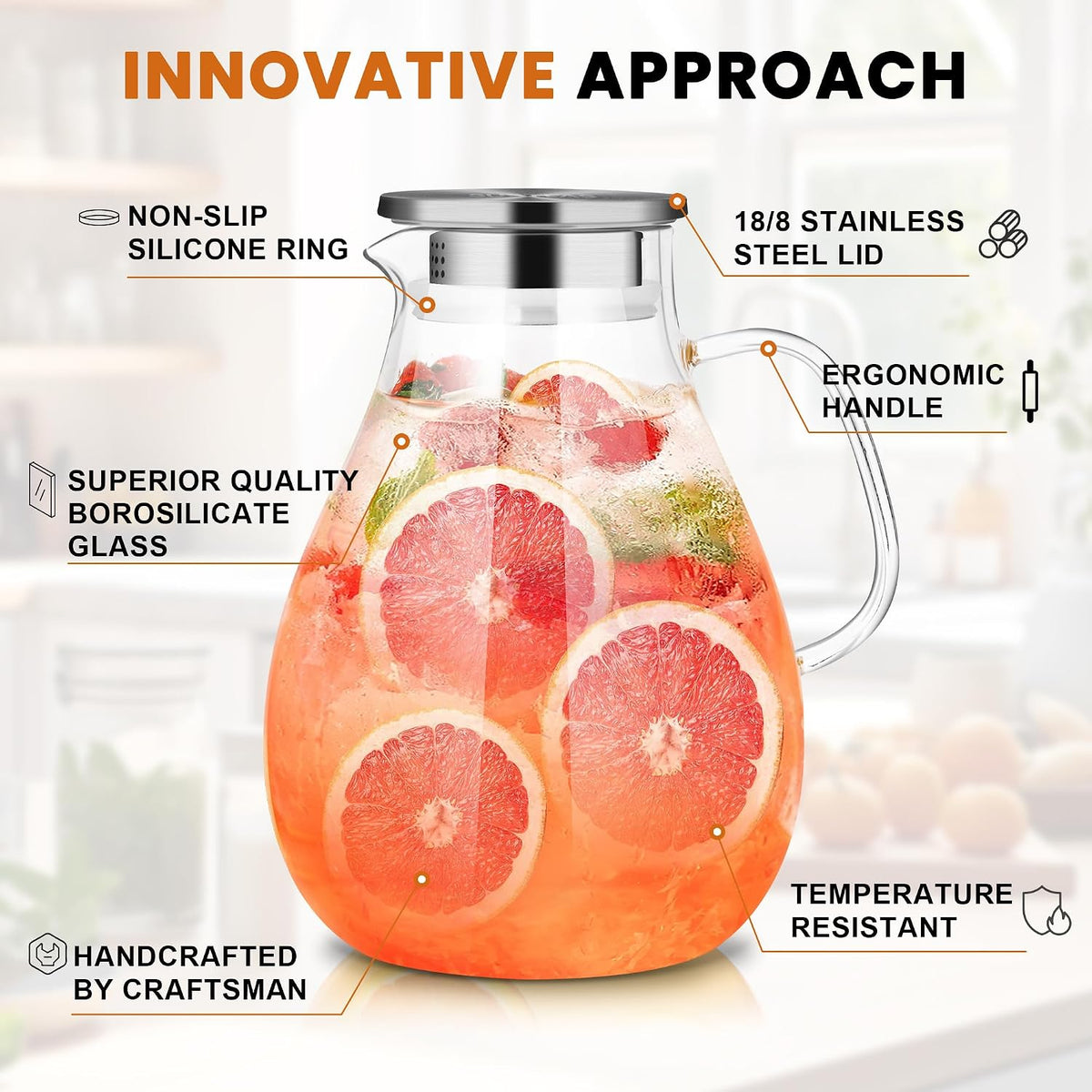 SUSTEAS 3 Litre 101oz Glass Pitcher with Lid and Spout, Handmade Pitcher | Glass Carafe for Cold/Hot Drink, Water Pitchers for Fridge, Large Water Jug for Iced Tea, Juice, Coffee, Homemade Beverage