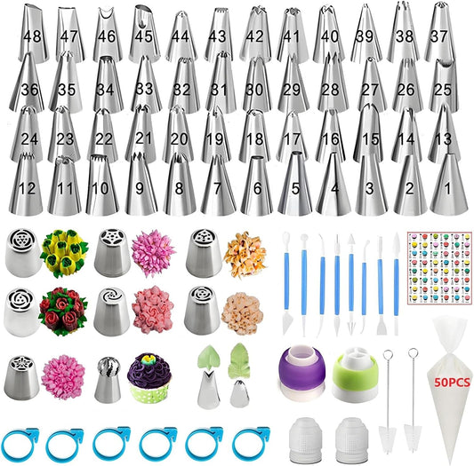 130 Pcs Piping Bags and Tips Set with 48 Numbered Icing Tips,7 Russian Tips,1 Ball Tip,2 Leaf Tips,Pattern Chart,8 Carved