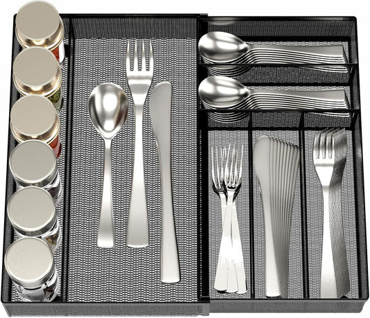 JANE EYRE Utensil Drawer Organizer - Expandable Cutlery Tray, Silverware/Flatware Storage Divider for Kitchen, Mesh