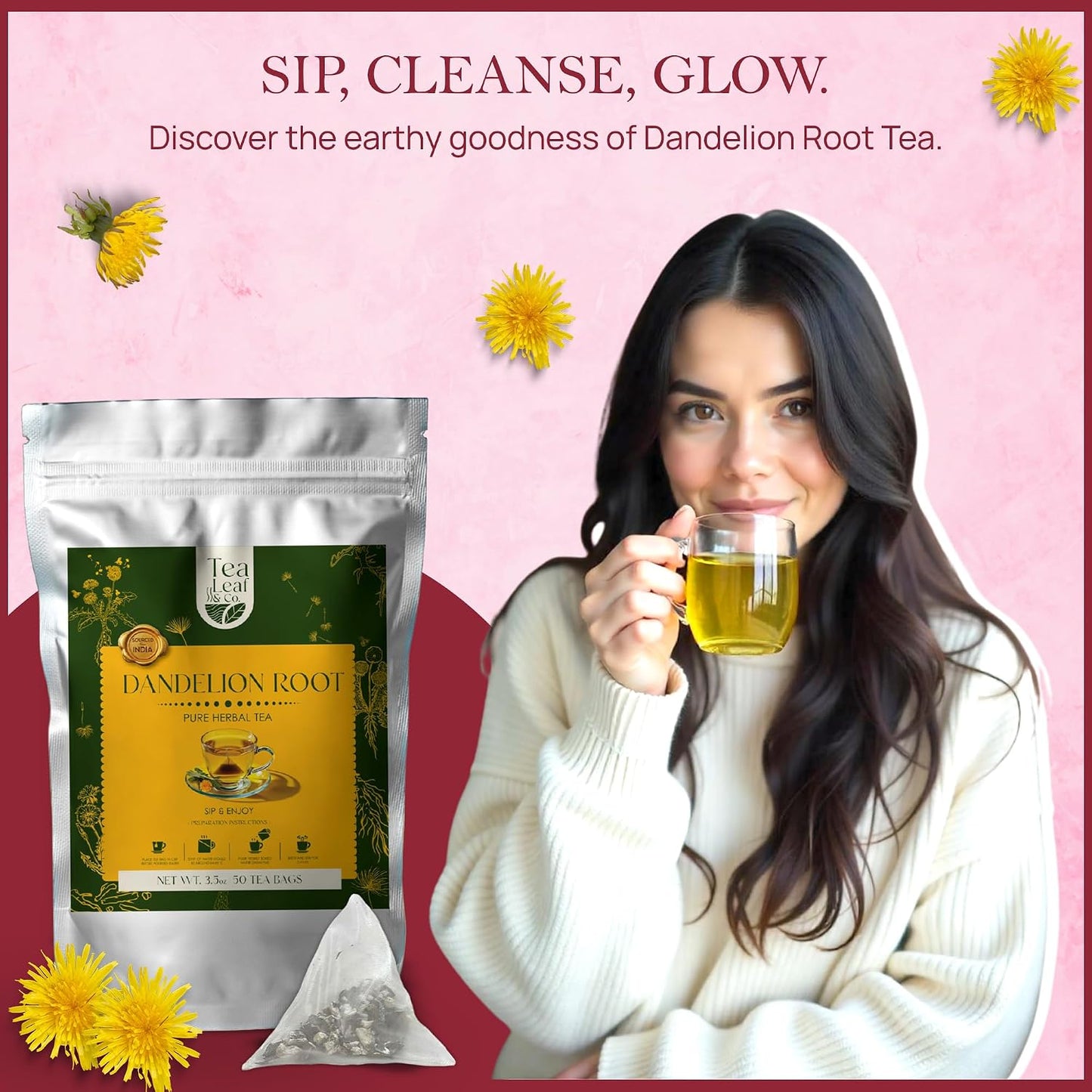 Dandelion Root Herbal Tea 100gm/3.5oz, Natural Herbal Infusion, 50 Tea Bags