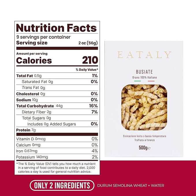Eataly Italian Busiate Pasta Noodles - 500g (17 oz.) Box -Authentic Durum Semolina Wheat - Made in Italy- Dried Pasta for Gourmet Dining, 1 Pack