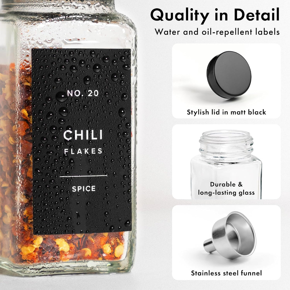 Glass Spice Jars with Label and Stainless Steel Lids (24 x 4oz) Spice Containers with 240 Labels, Shaker Inserts, Steel Funnel, Empty Square Empty Square Seasoning Organizer (Black)