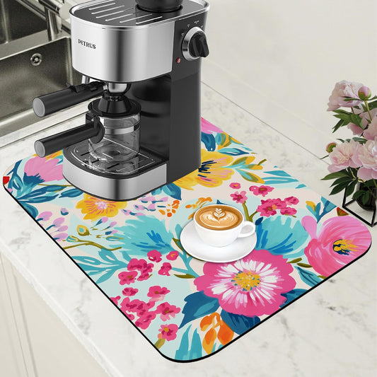 Watercolor Floral Dish Drying Mat for Kitchen Counter Coffee Bar Mat Hide Stain Absorbent Rubber Backed Coffee Maker