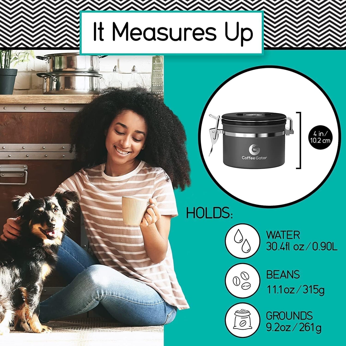 Coffee Gator Coffee Canister, 11oz Airtight Stainless Steel Container | w/ Date Tracker, Scoop, Kitchen Food Storage Jars for Beans ,Ground, Espresso, Rice,Tea, Sugar,Cookie, Bar Accessories, Gifts