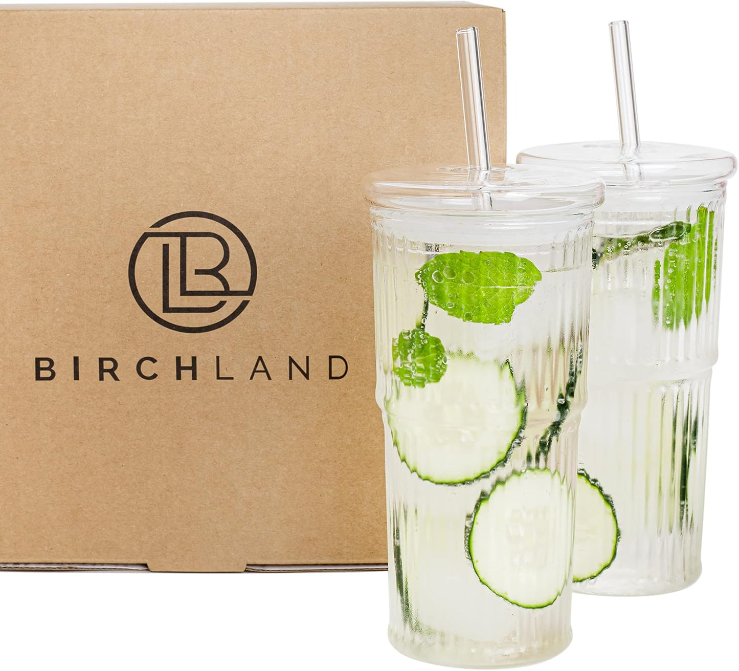 Birchland All Glass Iced Coffee Cup with Lid and Straw, Ribbed Glass Tumbler Set of 2 (18 oz)