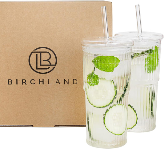 Birchland All Glass Iced Coffee Cup with Lid and Straw, Ribbed Glass Tumbler Set of 2 (18 oz)