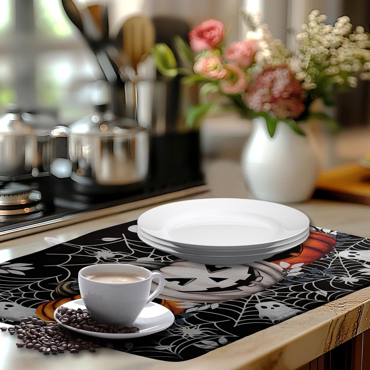 Halloween Pumpkin Dish Drying Mats Spooky Ghost Dish Mat Kitchen Spiders Large Drying Matt Dishes Dryer Pad for Kitchen Counter Absorbent Microfiber Washable Foldable Reusable 18x24 in