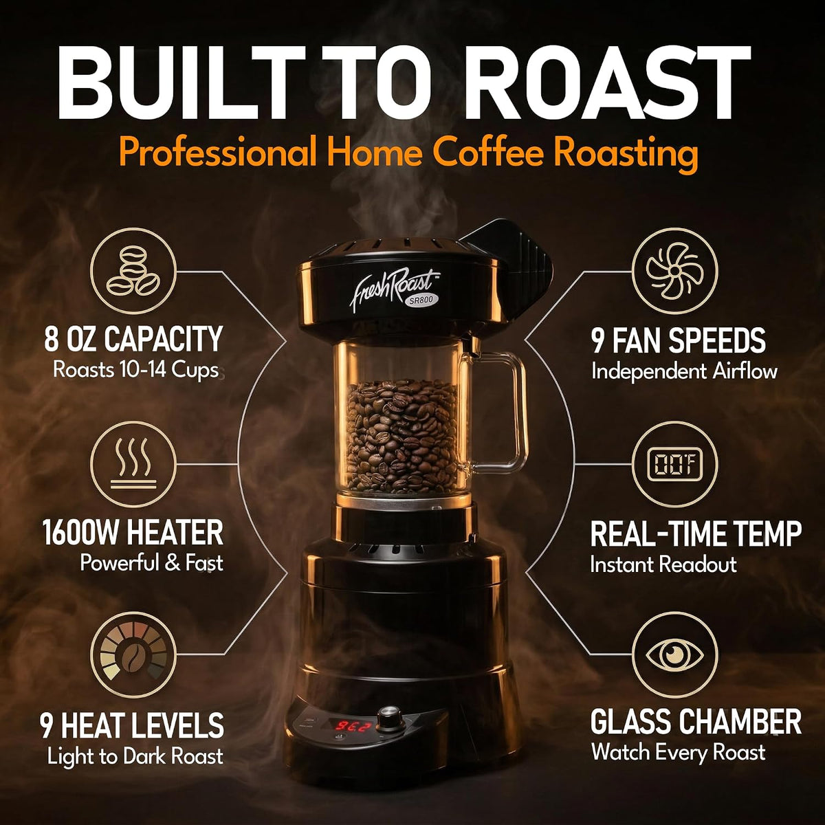Fresh Roast SR800 Coffee Roaster – Roast Coffee at Home – Variable Heat and Fan Control – Digital Display – Roasts 6–8 oz (170–226g) Per Batch – Easy to Use – Fast Roast Time