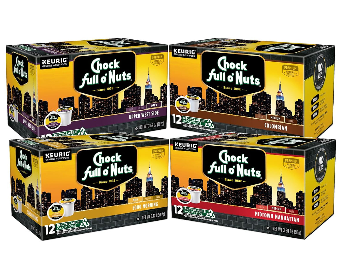 Chock Full o' Nuts K-Cup Pods - Variety Pack, 4 Packs of 12 K-Cup Pods | Mild, Medium &amp; Dark Roast, For Keurig Brewers, Single Serve, Premium Arabica Coffee Beans, Rich, Smooth, Well-Balanced Flavor