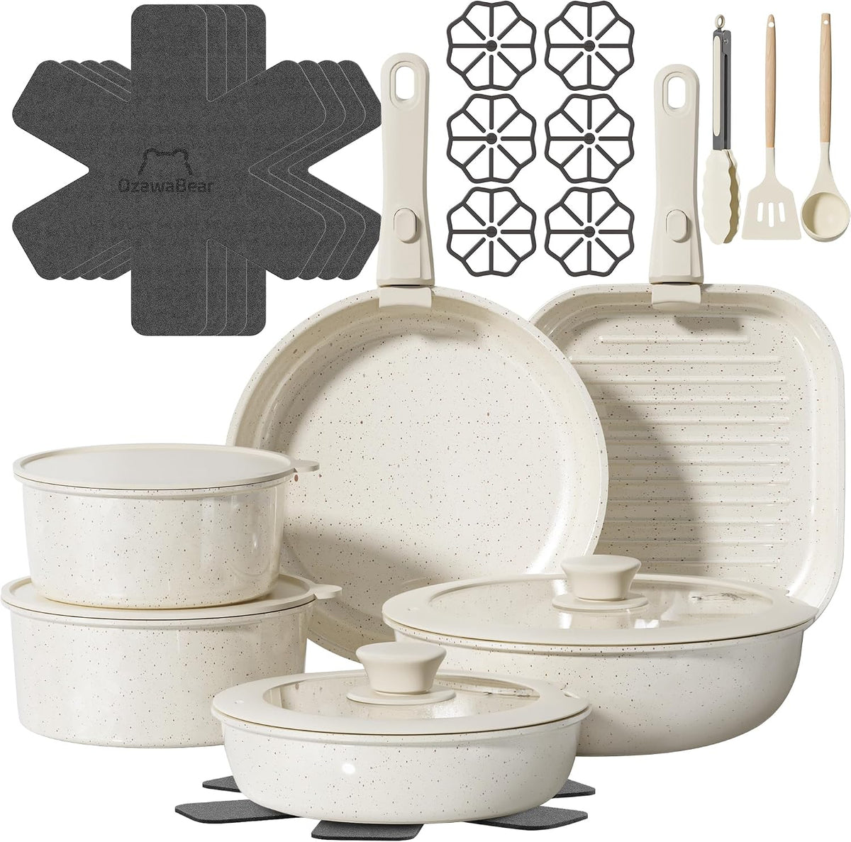 26 Pcs Pots and Pans Set Non Stick, Ceramic Cookware Set Non Toxic with Detachable Handles, Healthy Induction Cookware Dishwasher Oven Safe RV Kitchen Set, PFAS PFOA & PTFE Free, Cream White