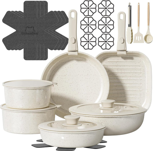 26 Pcs Pots and Pans Set Non Stick, Ceramic Cookware Set Non Toxic with Detachable Handles, Healthy Induction Cookware Dishwasher Oven Safe RV Kitchen Set, PFAS PFOA & PTFE Free, Cream White