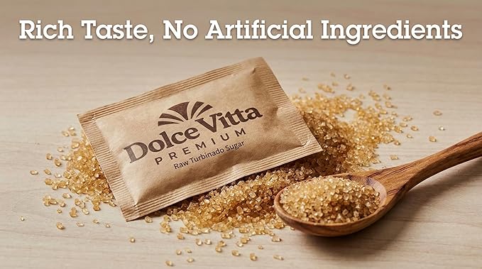 Raw Sugar Dolce Vitta Premium, (400 Ct Box) - Raw Sugar Turbinado Cane Sugar Packets, Pure, All-Natural Turbinado Sugar, Sugar Pure Cane, Non-GMO Project Verified, Kosher, Vegan and Gluten Free.