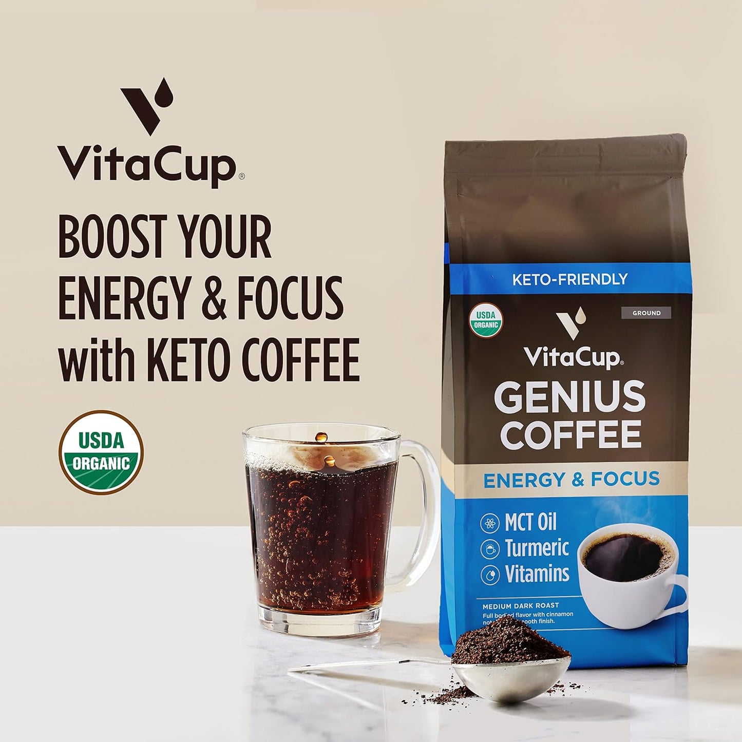 VitaCup Organic Genius Coffee Medium Dark Roast Ground Coffee, 30oz, 3 Bags | 100% Arabica, B Vitamins, D3, USDA Organic, MCT Oil, Turmeric, Coffee Grounds