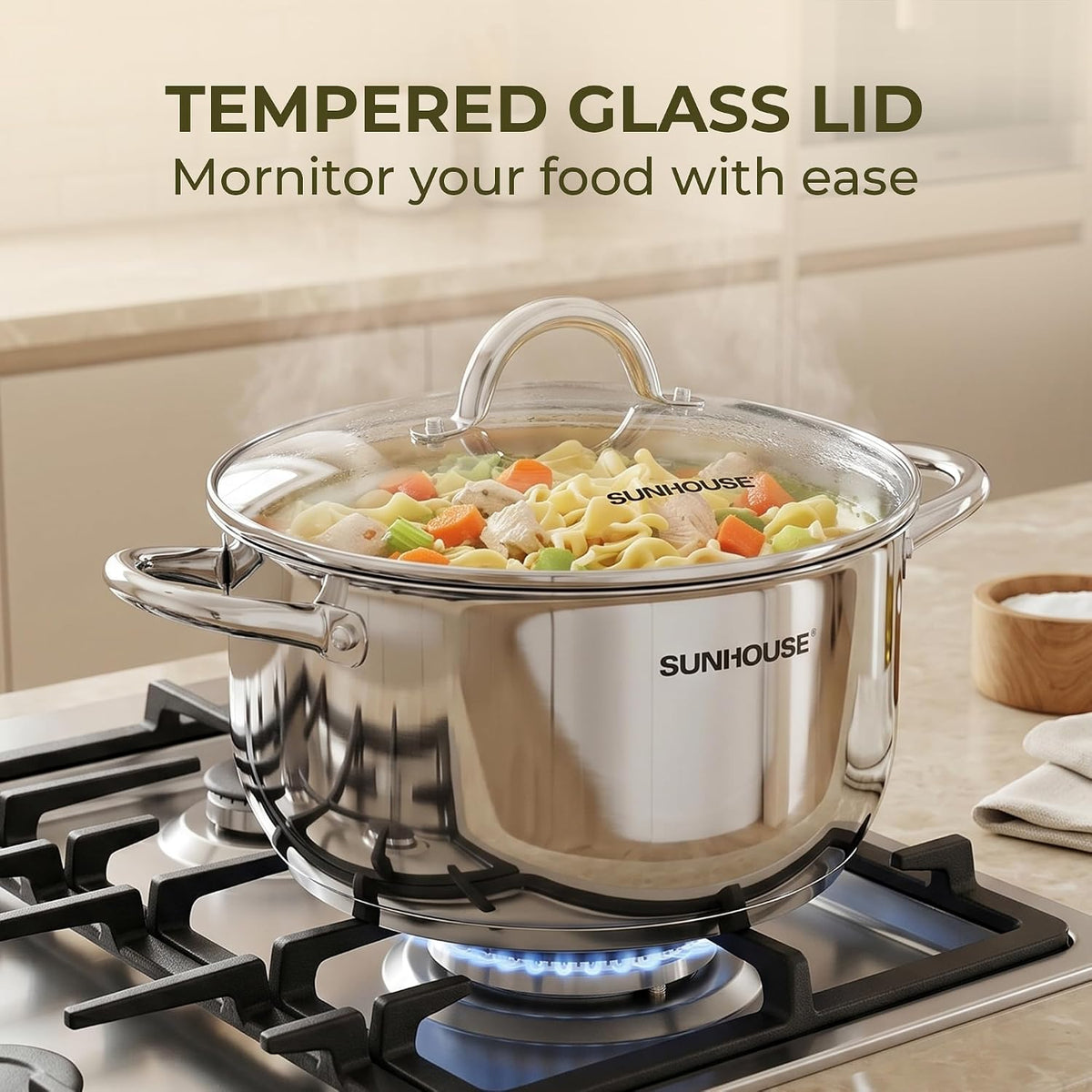 Sunhouse Stainless Steel Stock Pot - 11 Quart Heavy-Duty Induction Cooking Pot with Visible Lid for Pasta, Soup, Spaghetti - Nonstick Thick-Bottom Deep Stockpot for Canning, Boiling, and Simmering