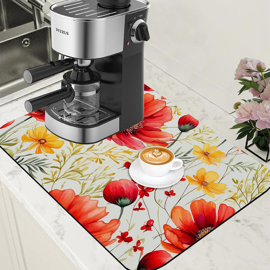 Red and Yellow Flowers Coffee Mat Absorbent Dish Drying Mat for Kitchen Counter Hide Stain Rubber Backed Coffee Bar