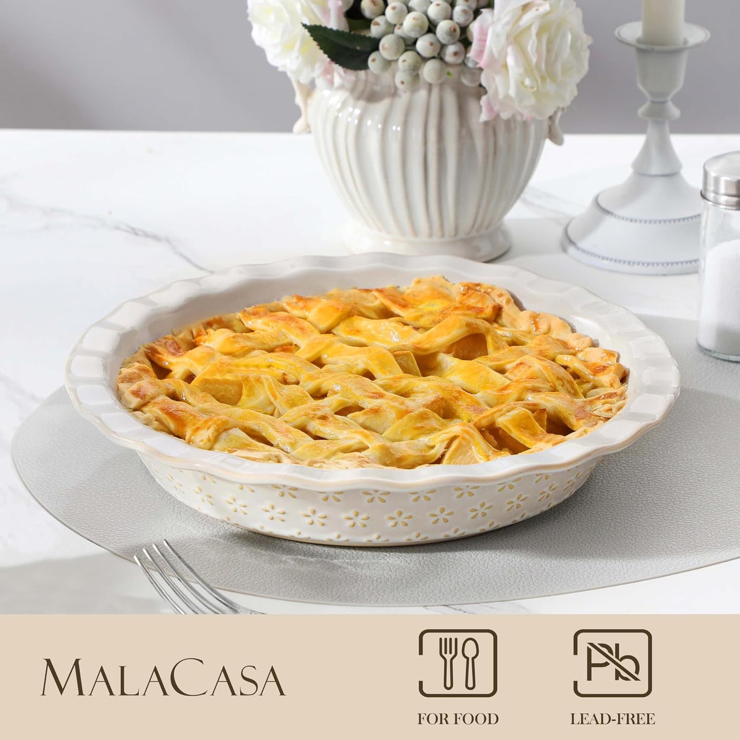 MALACASA Ceramic Pie Pan, 9 Inch Pie Dish Embossed Quiche Baking Dish