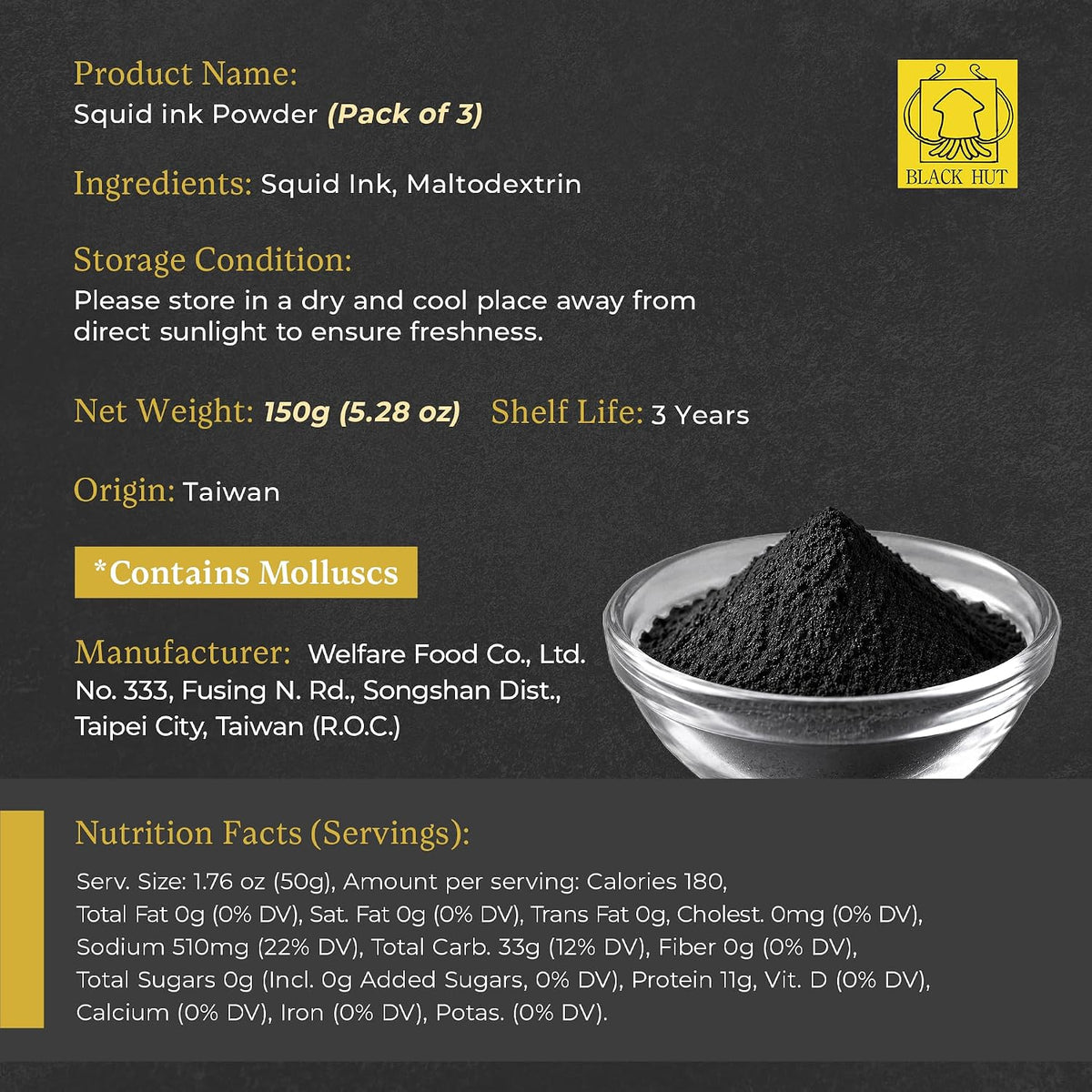 Black Hut Squid Ink Powder for Cooking, Black Food Coloring, 1.76oz, 3 Pack | Coloring Powder for Rice Noodles Pasta Spaghetti Risotto, Squid Ink for Cooking, Halal Certificate