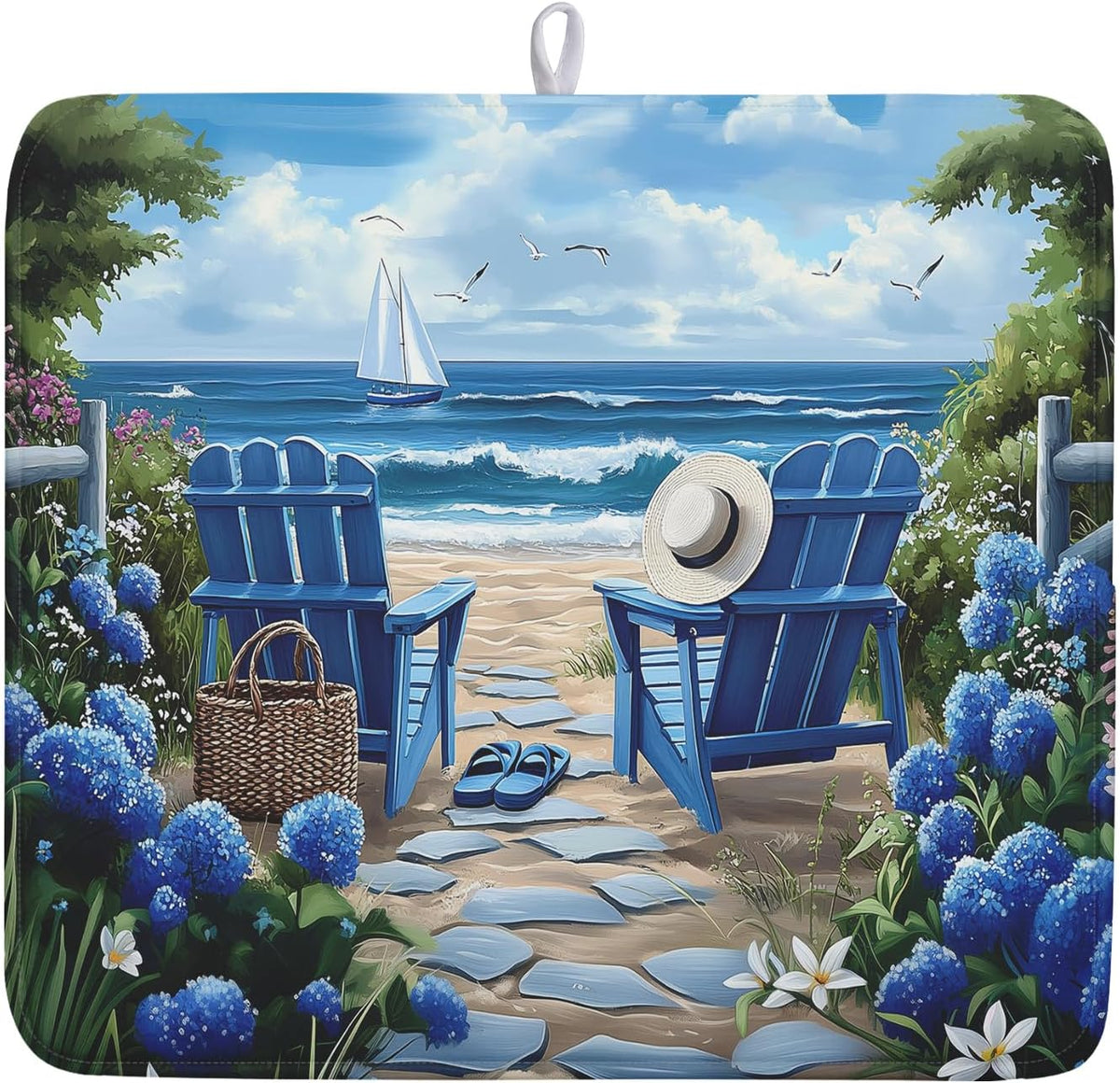 Summer Beach Chairs Dish Drying Mat Sea Wave Blue Floral Drying Mat fo Kitchen Counter 16”x18” Absorbent Reversible Kitchen