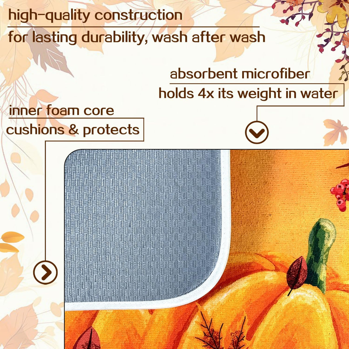 Harvest Pumpkin Maple Leaf Dish Drying Mat for Kitchen Counter, Absorbent Drying Mat with Autumn Fall Leaves, Kitchen Countertop Protector, Farmhouse Coffee Bar Decor, 18 x 24 Inch