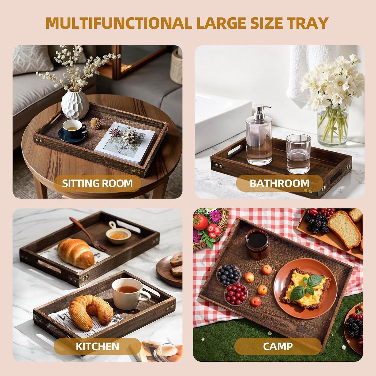 Wood Serving Tray with Handles for Breakfast in Bed, Coffee Table | 15.8 x 11 Inches Rectangular Pine Wood Decorative Tray, Ottoman Decorative Trays Platter for Living Room, Bar, Party