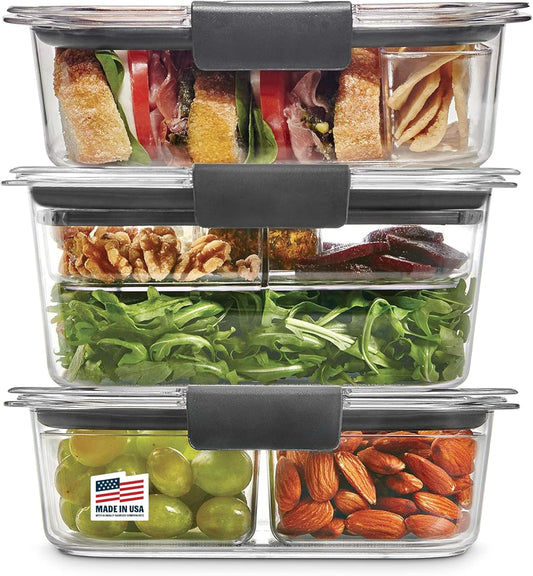 Rubbermaid Brilliance BPA-Free 3 Set Food Storage Containers with Lids, Removable Trays, Airtight, Leak-Proof, Ideal for