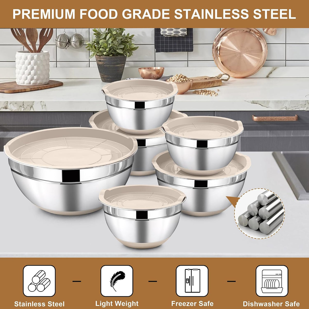 LIANYU 6 Piece Mixing Bowls Set with Airtight Lids, Metal Nesting Bowl