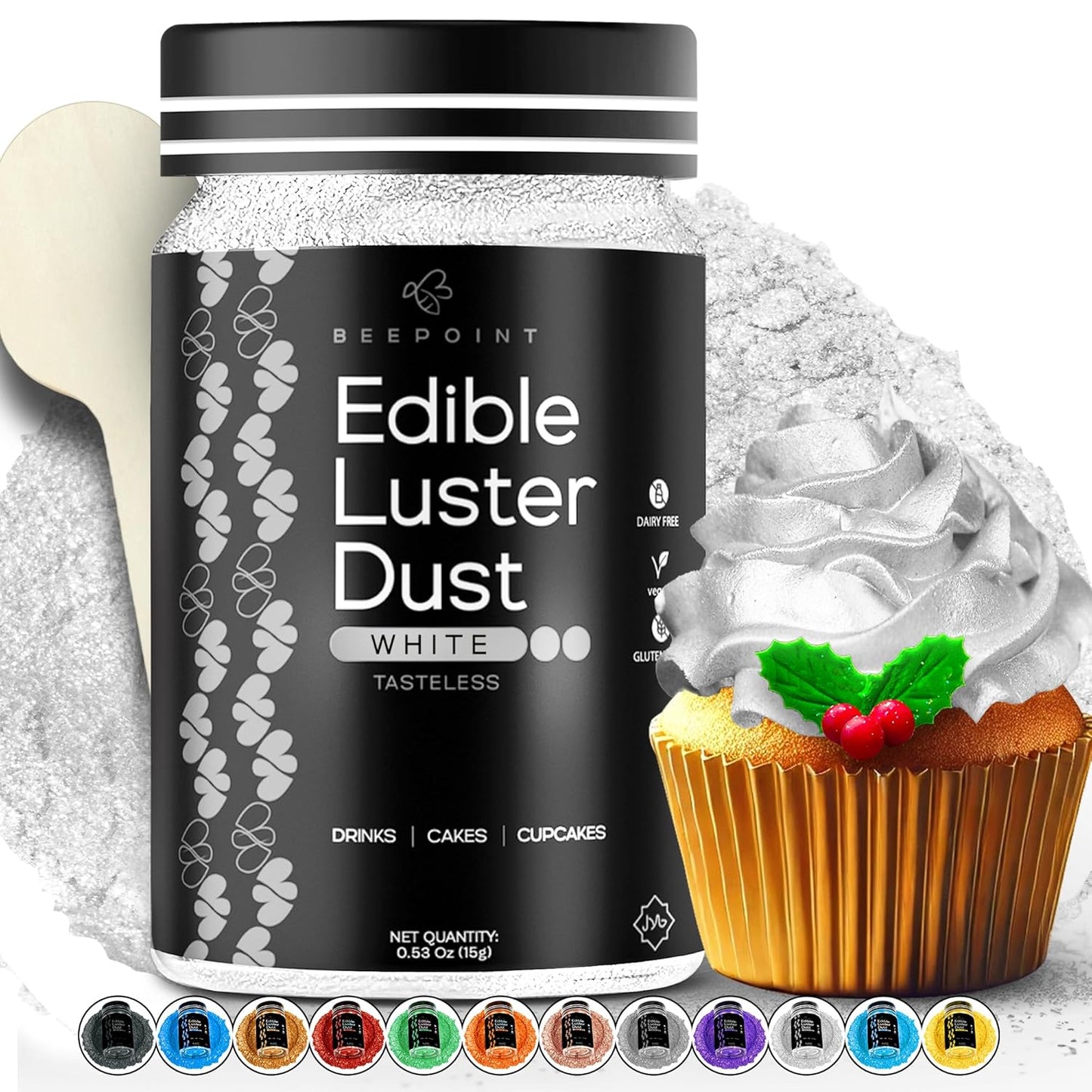 BeePoint White Edible Luster Dust 15g - Food Grade, Vibrant Color Shimmer Powdered Dust for Drinks, 