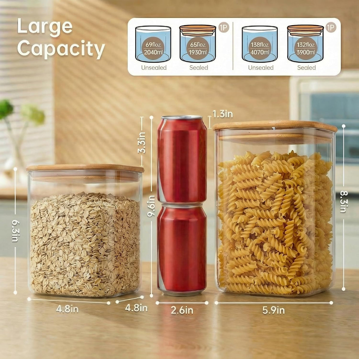 132oz &amp; 63oz Large Glass Storage Containers with Lids for Pantry Storage-2P